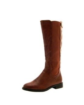 NEW-WOMENS-STRETCH-ELASTICATED-WIDE-CALF-FLAT-HEEL-BIKER-RIDING-BOOTS-KNEE-HIGH-MATT-LADIES-TAN-SIZE-4-0