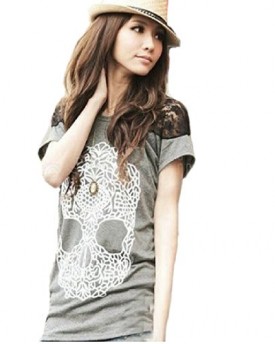 New-Korean-Fashion-Style-Womens-Casual-Skull-Lace-Short-Sleeve-Loose-Shirt-Blouse-Top-MUK8-10-Grey-0