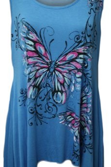 New-Ladies-Plus-Size-Butterfly-Print-Hanky-Hem-Sleeveless-Long-Womens-Top-Turquoise-1820-0