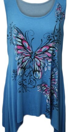 New-Ladies-Plus-Size-Butterfly-Print-Hanky-Hem-Sleeveless-Long-Womens-Top-Turquoise-1820-0