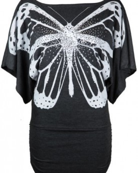 New-Ladies-Short-Sleeve-Glitter-Butterfly-T-Shirt-Womens-Stretch-Gathered-Batwing-Top-Plus-Size-Dark-Grey-Size-20-22-0
