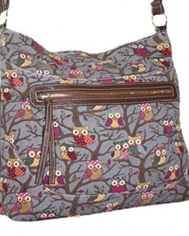 New-Ladies-Womens-Canvas-Oilcloth-Faux-Leather-Crossbody-Shoulder-Bag-Handbag-Girls-Large-School-Bag-Owl-Butterfly-PolkaDot-Horse-Dragonfly-Design-HB-2478-Canvas-Owl-Grey-0