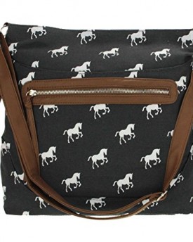 New-Ladies-Womens-Canvas-Oilcloth-Faux-Leather-Crossbody-Shoulder-Bag-Handbag-Girls-Large-School-Bag-Polka-Dot-Horse-Dragonfly-Design-HB-2478-Canvas-Horse-Navy-0
