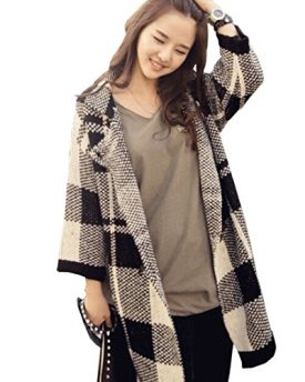 New-Womens-Houndstooth-Long-Coat-Winter-Jacket-Wool-Cardigan-Coat-One-Free-Size-Black-0