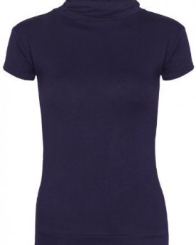 New-Womens-Turtle-Polo-Neck-T-Shirt-Tops-Ladies-Short-Sleeve-Stretch-Fitted-Gathered-Ruched-Top-Navy-Blue-Size-12-14-0