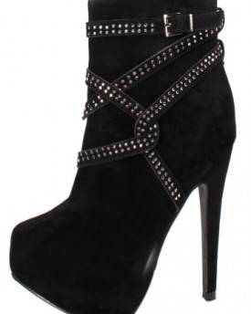 Onlymaker-Womens-High-Heel-Ankle-Strap-Checkered-Boots-Black-Suede-Size-UK-11-0