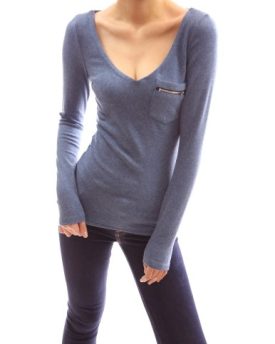 PattyBoutik-Cotton-Blend-Textured-V-Neck-Long-Sleeve-Stretch-Fitted-Tee-Blue-12-0