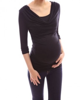 PattyBoutik-Mama-Scoop-Cowl-Neck-2-in-1-Style-34-Sleeve-Nursing-Maternity-Knit-Tunic-Top-Black-810-0