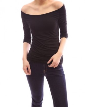 PattyBoutik-Off-Shoulder-Ruched-34-Elbow-Sleeve-Stretchy-Fitted-Casual-Top-Black-12-0