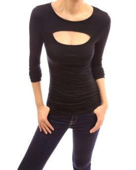 PattyBoutik-Sexy-Keyhole-Langarm-Bluse-Top-Schwarz-S-3638-0