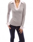 PattyBoutik-Shirt-Collar-V-Neck-Cuff-Sleeve-Knit-Top-2-in-1-Light-Gray-M-0