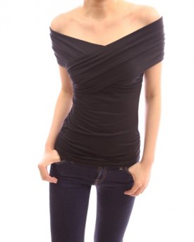 PattyBoutik-Stretch-Crossover-Sleeveless-Off-Shoulder-Ruched-Casual-Top-Black-S-0