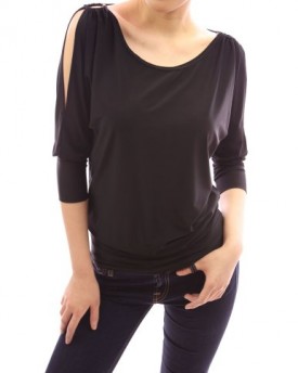 PattyBoutik-Unique-Boat-Neck-O-Ring-Cut-Out-Shoulder-34-Sleeve-Blouse-Top-Black-16-0