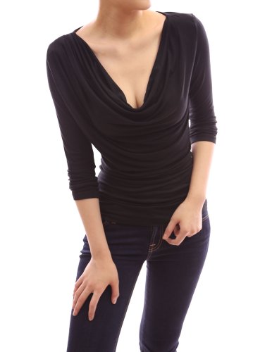 PattyBoutik Unique Drapes Front Cowl Neck 3/4 Sleeve Blouse Top (Black 14) - Image 3