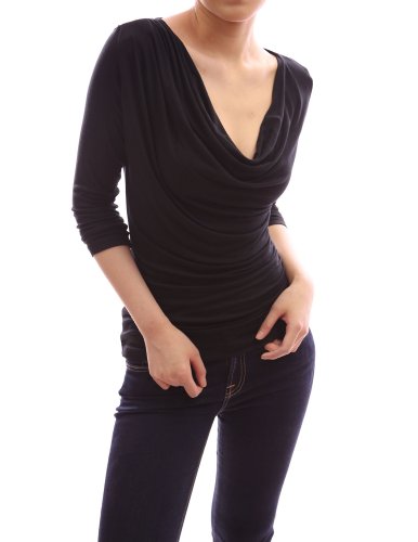 PattyBoutik Unique Drapes Front Cowl Neck 3/4 Sleeve Blouse Top (Black 14) - Image 4