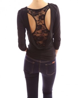 PattyBoutik-V-Neck-2-In-1-Drape-Back-with-Floral-Lace-Party-Knit-Top-Black-810-0