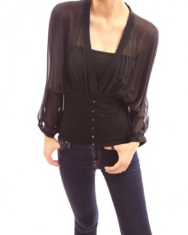 PattyBoutik-V-Neck-Semi-Sheer-Chiffon-Bishop-Long-Sleeve-Fitted-Waist-Pullover-Blouse-Black-14-0