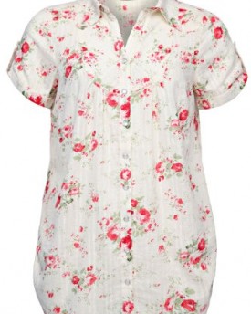Plus-Size-Womens-Floral-Print-Bib-Shirt-With-Short-Rolled-Sleeves-Size-16-Cream-0