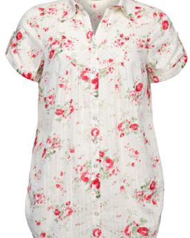 Plus-Size-Womens-Floral-Print-Bib-Shirt-With-Short-Rolled-Sleeves-Size-16-Cream-0