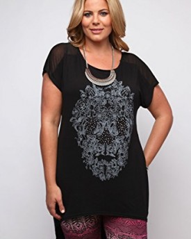 Plus-Size-Womens-Floral-Skull-Print-Top-With-Sheer-Insert-And-Dipped-Hem-Size-16-Black-0