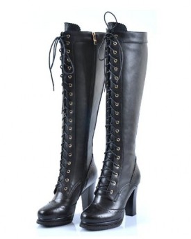 Sheepskin-Ladies-Retro-Real-Leather-Lace-Up-Block-Heel-Knee-High-Wemen-Boots-UK-size-5-Black-0