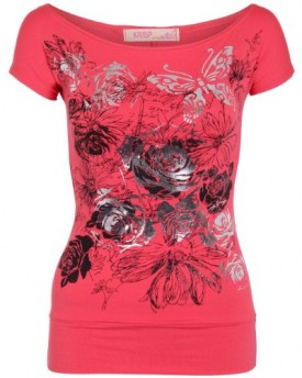 Shop-Womens-Butterfly-Floral-Foil-Print-Boat-Neck-Batwing-Top-T-Shirt-Blouse-New-Coral8-0