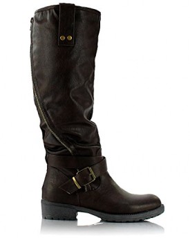 Sole-Affair-HUSTLE-Ladies-Womens-Leather-Style-Knee-High-Flat-Low-Chunky-Heel-Biker-Riding-Boots-Size-UK-7-EU-40-Brown-0