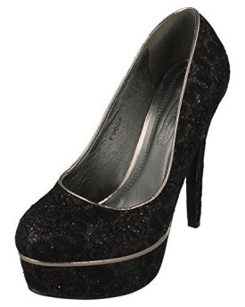 Spot-On-High-Heel-Platform-Court-Lace-Overlay-Glitter-Black-Size-5-UK-0