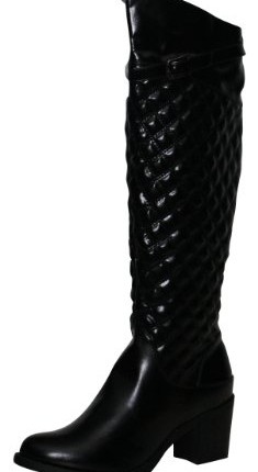 Stunning-Black-Faux-Leather-Quilted-Stretchy-Block-Mid-Heel-Knee-High-Boots-0