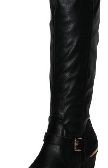 Stunning-New-Sexy-Black-Faux-Leather-Knee-High-Heel-Boots-Gold-Buckle-Strap-0