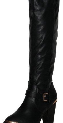 Stunning-New-Sexy-Black-Faux-Leather-Knee-High-Heel-Boots-Gold-Buckle-Strap-0