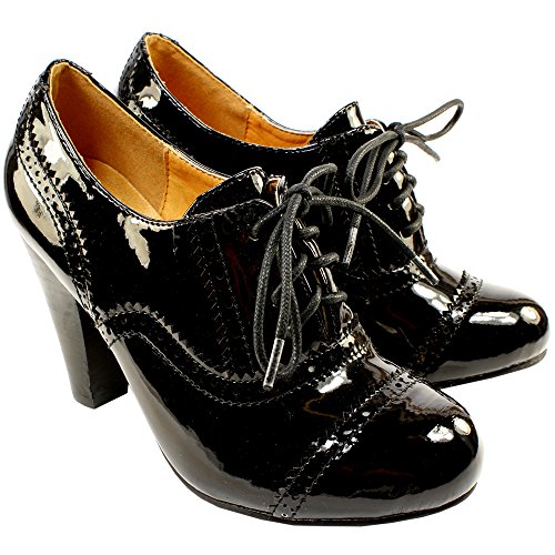 WOMENS HIGH HEEL PATENT BLACK BROGUE LACE UP ANKLE SHOE BOOTS LADIES ...