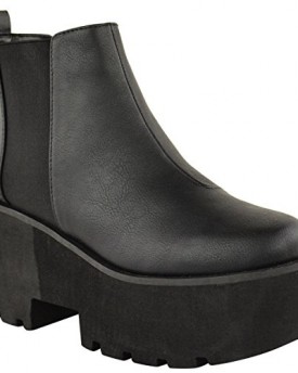 WOMENS-LADIES-CHUNKY-CLEATED-SOLE-BLOCK-HEEL-PLATFORM-ANKLE-CHELSEA-BOOTS-SHOES-UK-6-Black-Faux-Leather-0