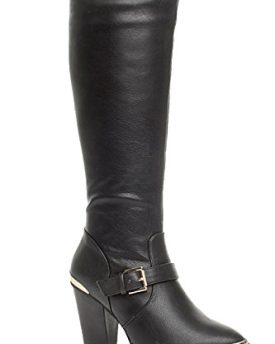 WOMENS-LADIES-HIGH-HEEL-BUCKLE-GOLD-METAL-TOE-CAP-CALF-KNEE-BOOTS-SIZE-6-39-0