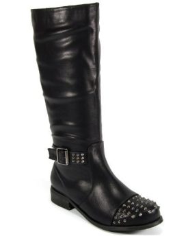 WOMENS-LADIES-KNEE-HIGH-FLAT-LOW-HEEL-BIKER-STUD-STUDDED-BUCKLE-RIDING-BOOTS-UK-5-EU-38-BLACK-PU-0