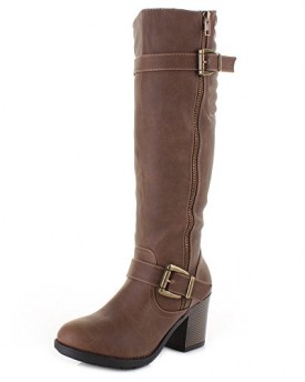 WOMENS-LEATHER-STYLE-KNEE-HIGH-BIKER-PADDED-CALF-LADIES-HEELED-BOOTS-SIZE-6-0