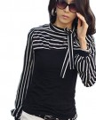 Women-Blouses-Polo-Neck-Puff-Black-White-Stripe-Long-Sleeve-Shirt-Tops-0