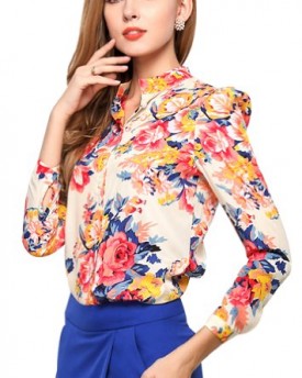 Women-Girls-Long-Sleeve-Stand-Collar-Button-Down-Floral-Print-Shirt-Blouse-Chiffon-Blouse-Tops-Pink-UK-12-0