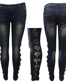 Womens-6181-Side-Cut-Out-Net-Diamante-Detail-Denim-Jeans-Size-10-0
