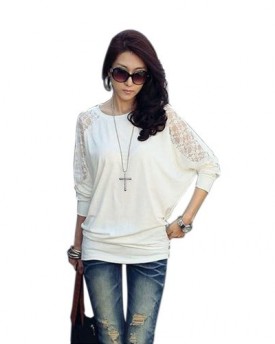 Womens-Batwing-Top-Dolman-Lace-Loose-T-Shirt-Blouse-Top-Long-Sleeve-White-M-0