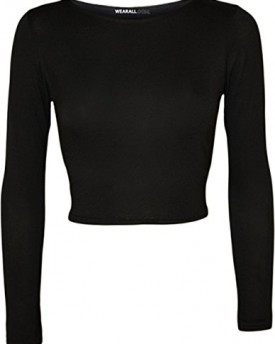 Womens-Crop-Long-Sleeve-T-Shirt-Ladies-Short-Plain-Round-Neck-Top-Black-810-0