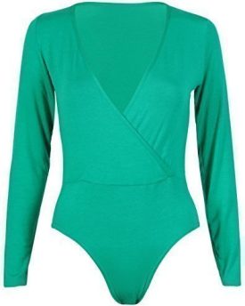 Womens-Cross-Over-Wrap-Long-Sleeve-Ladies-V-Shaped-Neckline-Stretch-Stud-Popper-Fastening-Bodysuit-T-Shirt-Leotard-Body-Top-Jade-Green-Size-12-14-ML-0