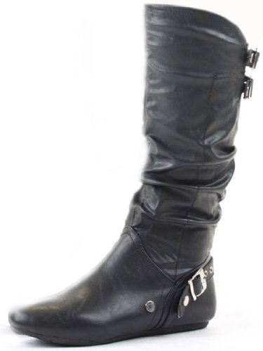 Womens Flat Black Winter Biker Style Low Heel Knee High Ladies Calf Leg Boots Size - shoeFashionista Branded