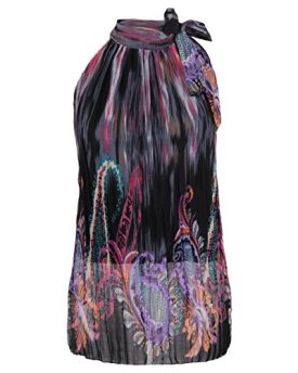 Womens-Floral-Paisley-Pleated-Chiffon-Bow-Tie-HalterNeck-Top-Blouse-Party-Summer-BlackML-0