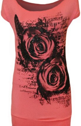 Womens-Glitter-Graffiti-Rose-Flower-Ladies-Long-Cap-Sleeve-T-Shirt-Top-Coral-12-14-0