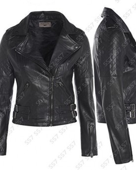 Womens-Gun-Metal-Silver-Faux-Leather-Biker-Jacket-Size-8-to-14-UK-12-Black-0