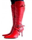 Womens-Knee-High-Length-Wide-Calf-Faux-Leather-Stiletto-High-Heels-Boots-Buckles-Shoes-Ladies-Red-Size-UK-3-0-0