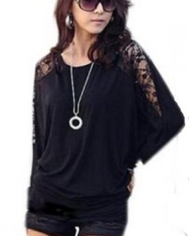 Womens-Lace-Long-Sleeve-Batwing-Sweater-Baggy-Jumper-Blouse-Off-Shoulder-Lace-Back-Top-T-Shirt-10-12-Black-0