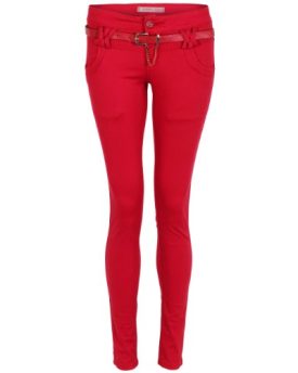 Womens-Ladies-Animal-Belt-Stretch-Slim-Skinny-Fit-Jeans-Coloured-Trousers-Pants-Red6-0