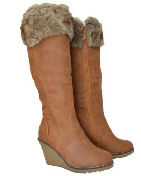 Womens-Ladies-Blacktan-Wedge-Heel-Knee-High-Winter-Fur-Riding-Boots-Colour-Brown-Tan-Size-Uk-5-0